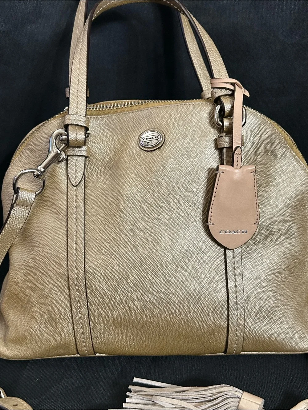 Coach Metallic Gold Dome Satchel with Crossbody Strap & Tassel
